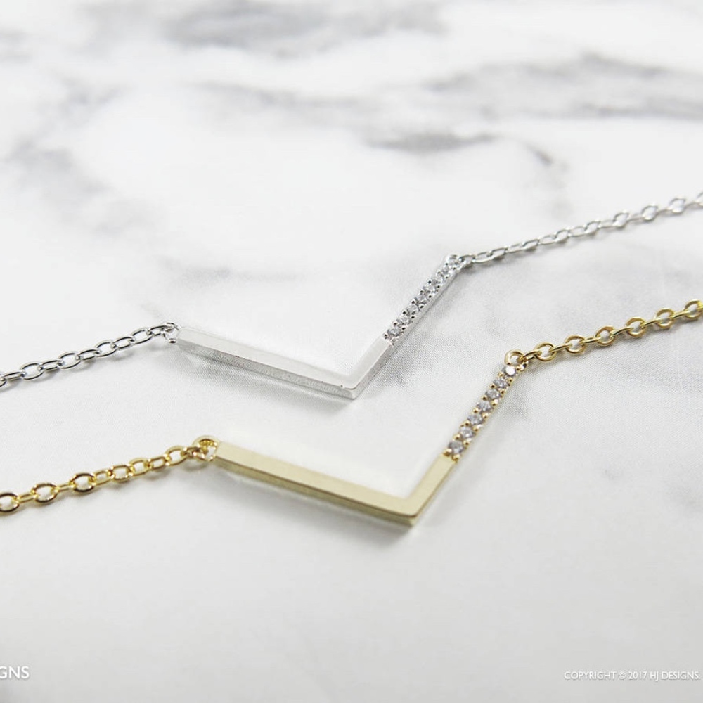 Gold Silver Cubic CZ Modern V Necklace